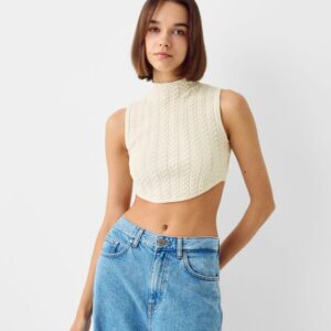 Bershka Sleeveless Cable-Knit Top With Mock Neck Women L Cream