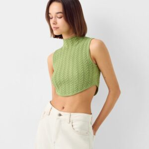 Bershka Sleeveless Cable-Knit Top With Mock Neck Women M Green