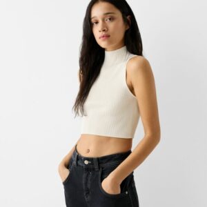 Bershka Sleeveless Knit High Neck Top Women L Cream