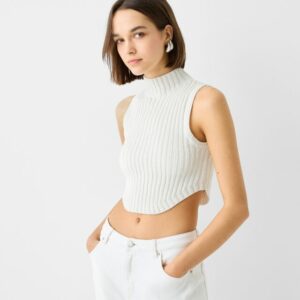 Bershka Sleeveless Rustic Ribbed Mock Turtleneck Top Women M White