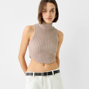 Bershka Sleeveless Rustic Ribbed Mock Turtleneck Top Women S Pink