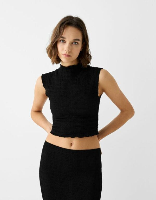 Bershka Sleeveless Waffle-Knit Top Women Xs Black