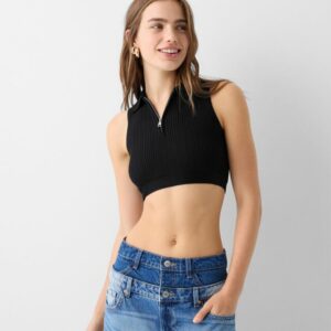 Bershka Sleeveless Zip-Up Top With Polo Collar Women M Black