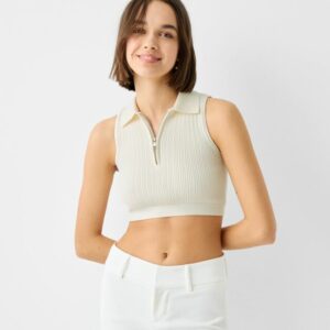 Bershka Sleeveless Zip-Up Top With Polo Collar Women Xs Cream