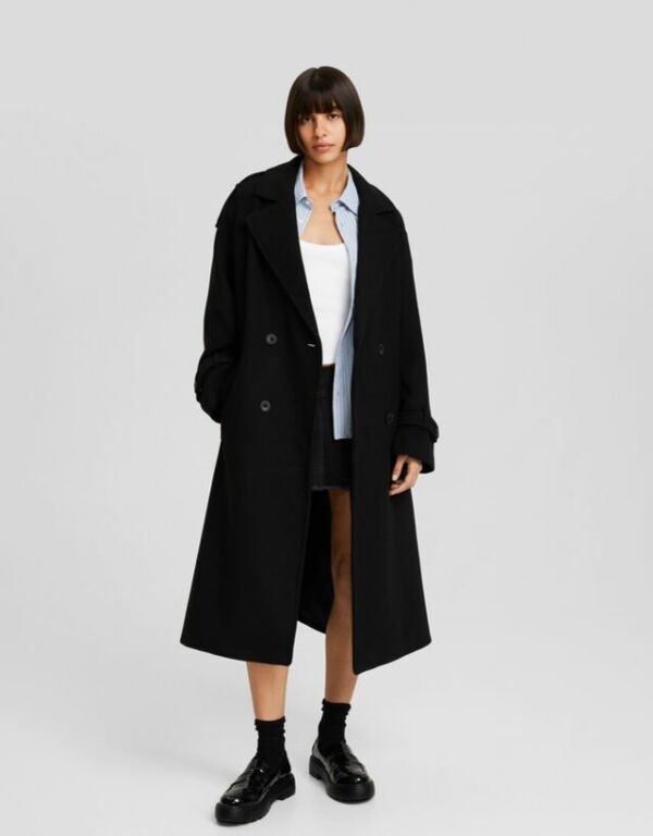 Bershka Wool Blend Trench Coat Women L Black