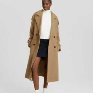 Bershka Wool Blend Trench Coat Women M Camel