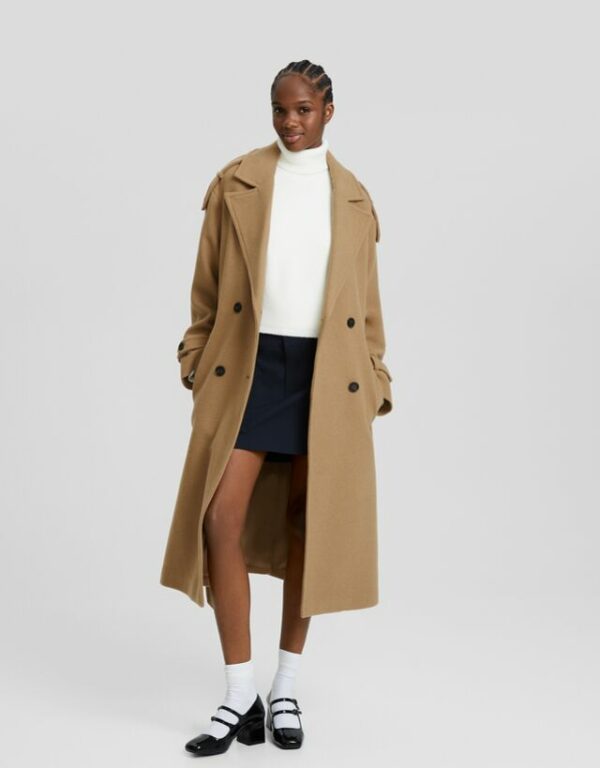 Bershka Wool Blend Trench Coat Women M Camel