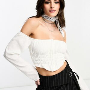 Bershka bardot shirred flare sleeve corset top in ecru-White