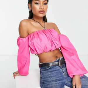 Bershka volume sleeve bardot top in pink