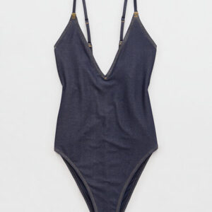 AE x Aerie Match Made In Denim Plunge Cheekiest One Piece Swimsuit Women's Navy L