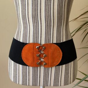 Black Cinch Belt, Elastic Belt With Metal Ring Clasp, Wide Waist Vintage Stretch Orange Suede Leather Elasticated Size S M