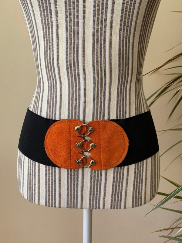 Black Cinch Belt, Elastic Belt With Metal Ring Clasp, Wide Waist Vintage Stretch Orange Suede Leather Elasticated Size S M