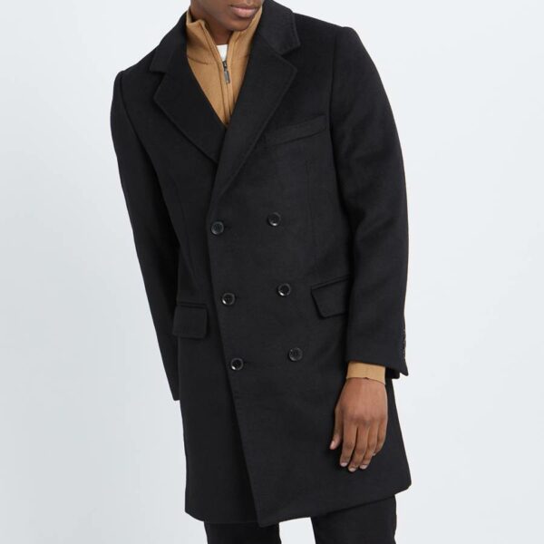 Black Double Breasted Wool Blend Coat