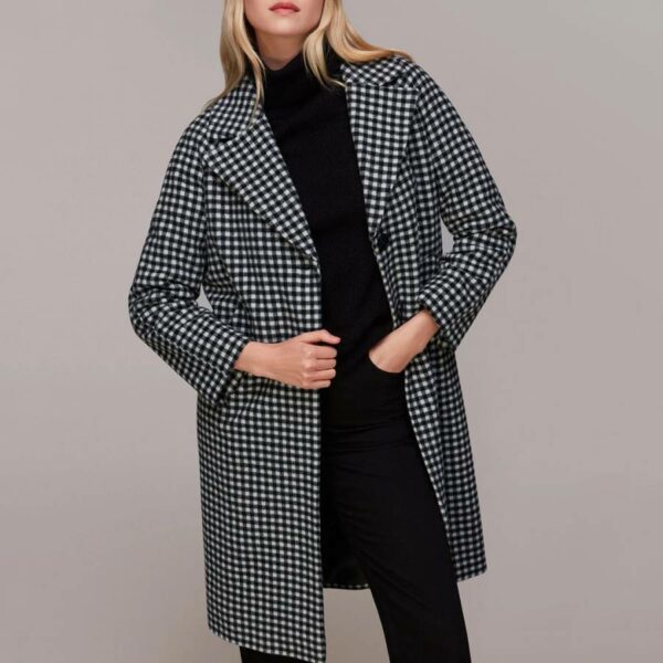 Black Gingham Cocoon Wool Blend Coat