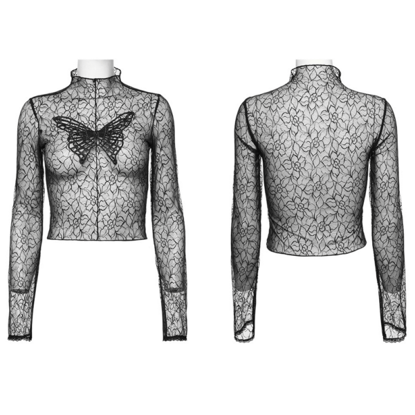 Black Gothic Mesh Butterfly Long Sleeve Crop Top