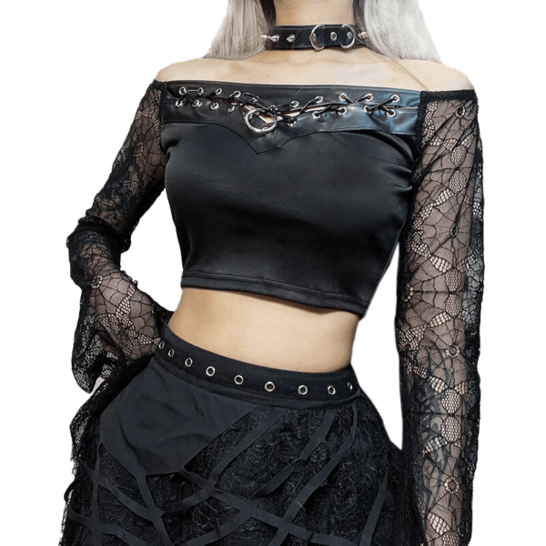 Black Gothic Women's Top with Through Long Sleeves / Sexy Ladies Crop Tops