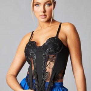 Black Mesh Lace Floral Embroidered Corset Detail Top - Takara - Size 6