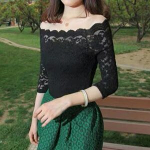 Black Off-shoulder Lace Tops Women Custom Plus Size Floral Crop Sleeve Lace Tops