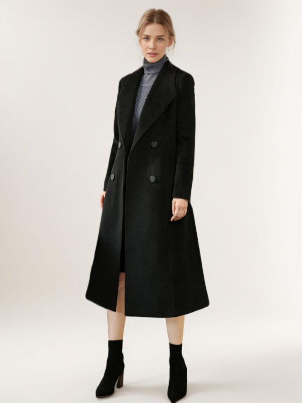 Black Wool Coat For Woman Sash Winter Outerwear 2024