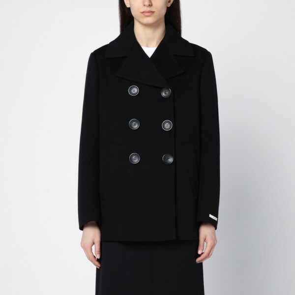 Black double-breasted wool short coat