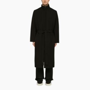 Black wool trench coat with high collar