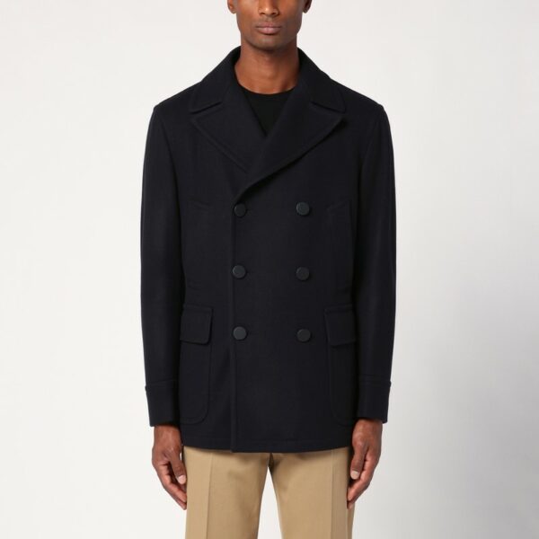 Blue wool blend short double-breasted coat