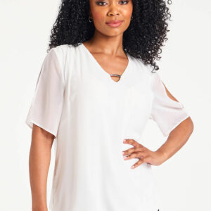 Bonmarche Ivory Short Sleeve Cold Shoulder Bubble Hem Top With Metal Detail, Size: 10