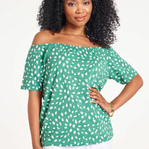 Bonmarche Khaki Short Sleeve Dotty Palm Print Bardot Top With Shirred Hem, Size: 24 -Holiday Shop