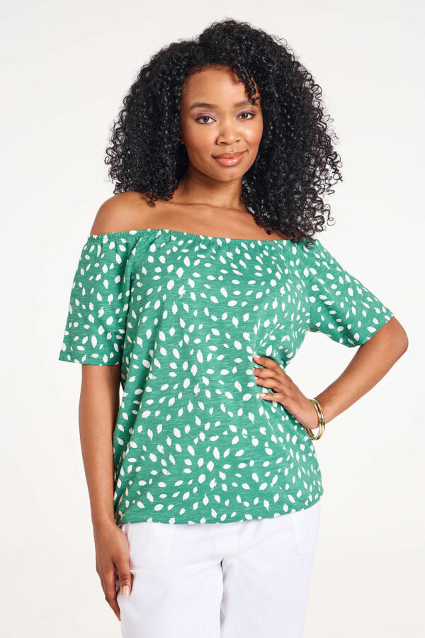 Bonmarche Khaki Short Sleeve Dotty Palm Print Bardot Top With Shirred Hem, Size: 24 -Holiday Shop