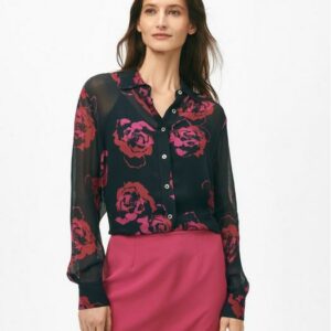 Brooks Brothers Women's Relaxed Signature Rose Blouse in Chiffon with Removable Camisole | Navy/Pink | Size Medium