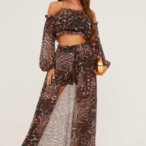 Brown Leopard Print Bardot Cropped Top & Shorts Co-ord Set - Eleanora - Size M/L