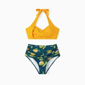 Family Matching Allover Lemon Print and Solid Halter Neck Two-piece Swimsuit or Swim Trunks Shorts