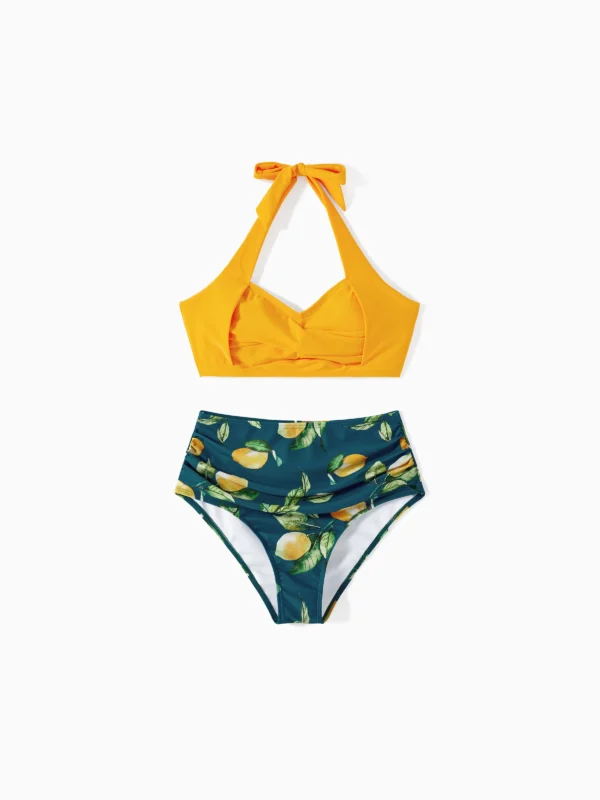 Family Matching Allover Lemon Print and Solid Halter Neck Two-piece Swimsuit or Swim Trunks Shorts