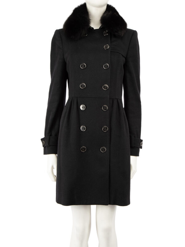 Burberry Black Wool Fur Trim Mid-Length Coat