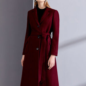 Burgundy Winter Coat Long Sleeve Notch Collar Wool Wrap Coats For Women