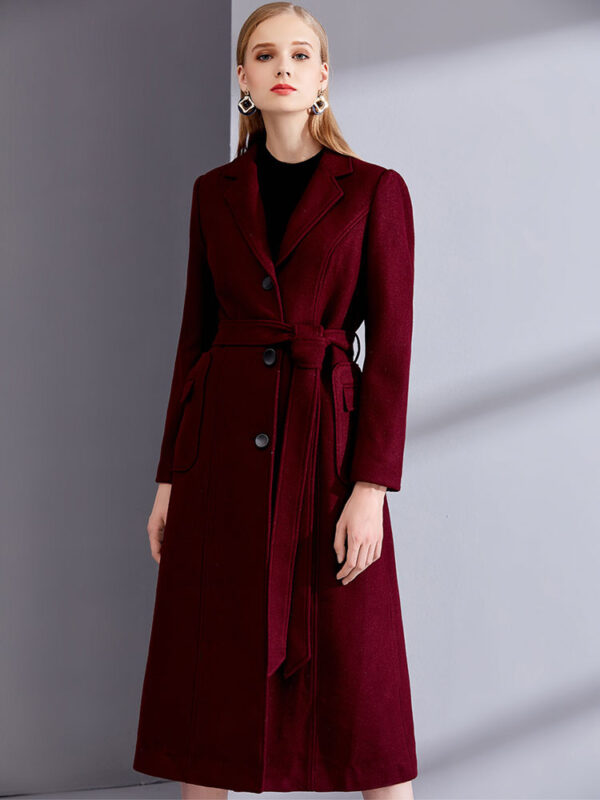 Burgundy Winter Coat Long Sleeve Notch Collar Wool Wrap Coats For Women