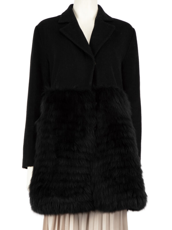 CO Black Wool Mid-Length Fur Trim Coat