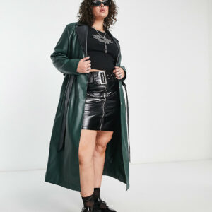 COLLUSION Plus faux leather trench coat in dark green with black details