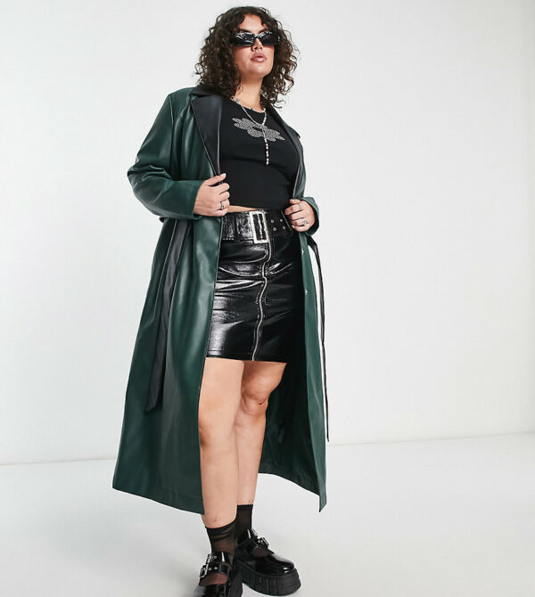 COLLUSION Plus faux leather trench coat in dark green with black details