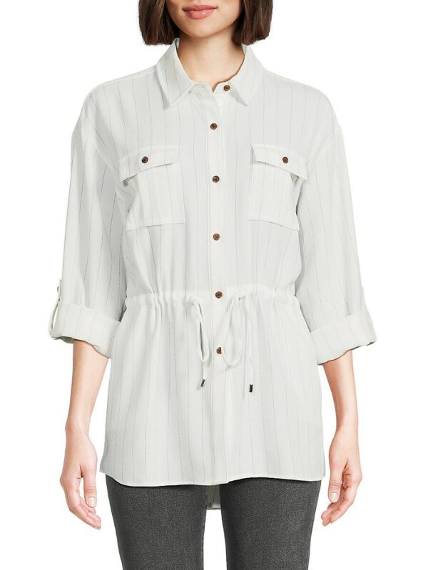 Calvin Klein Women's Striped Cinched Waist Shirt - Soft White - Size XS