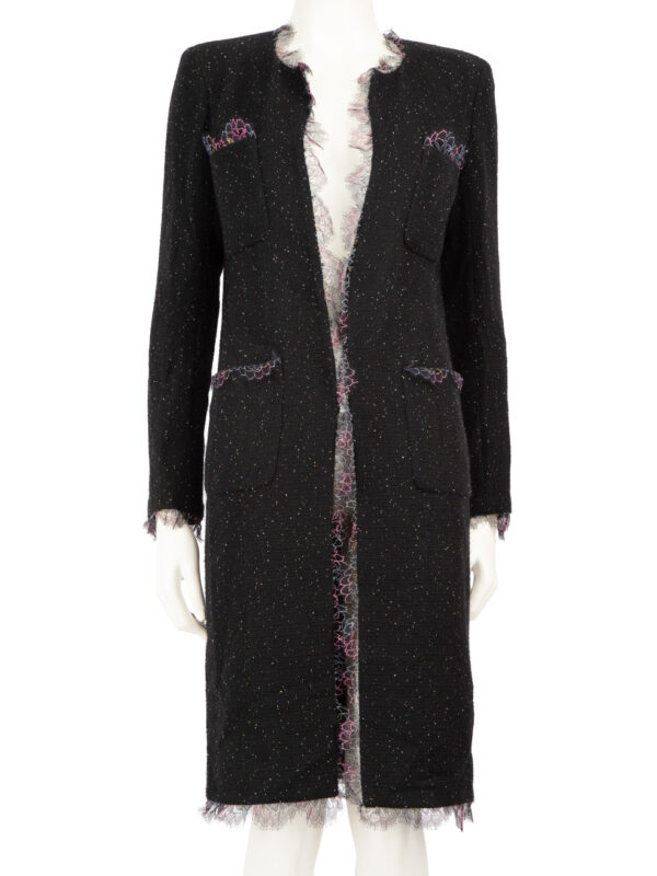 Chanel 2010 Black Wool Tweed Lace Trimmed Coat