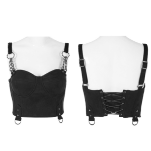 Chic Suede Chain-Link Bustier Top with Gothic Appeal