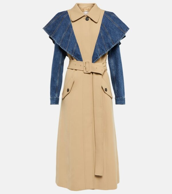 Chloé Denim-paneled twill trench coat