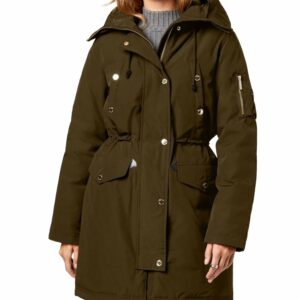 Cinch Waist Down Parka Puffer Jacket In Olive Green