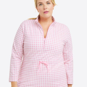 Cinch Waist Quarter-Zip in Pink Gingham