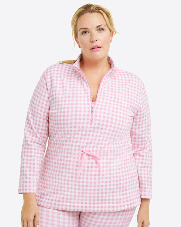 Cinch Waist Quarter-Zip in Pink Gingham