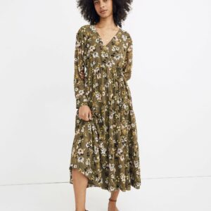 Cinch-Waist Tiered Midi Dress in Wildblooms