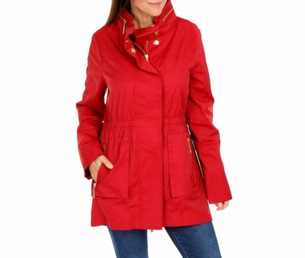 Cinched Waist Rain Jacket In Red