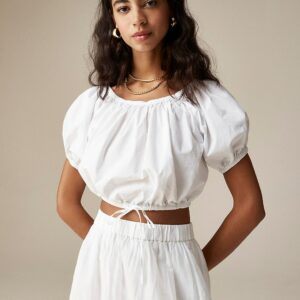 Cinched-waist cropped top in cotton poplin