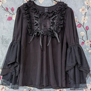 Classic Lolita Blouses Infanta Fairytale Black Lolita Top 3/4 Length Sleeves Lace Pleated Lolita Shirt